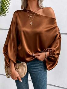 SHEIN 女款素色不對稱肩休閒百搭日常穿著襯衫 - 棕色 - 查看 3