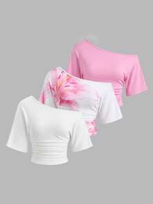 Sweetra Plus Size Women's Spring/Summer 3-Piece T-Shirt Set, Asymmetrical Shoulder Short Sleeve Asymmetrical Ruched Pleated Elegant Vintage Cute Vacation Casual Loungewear - Multicolor - View 1