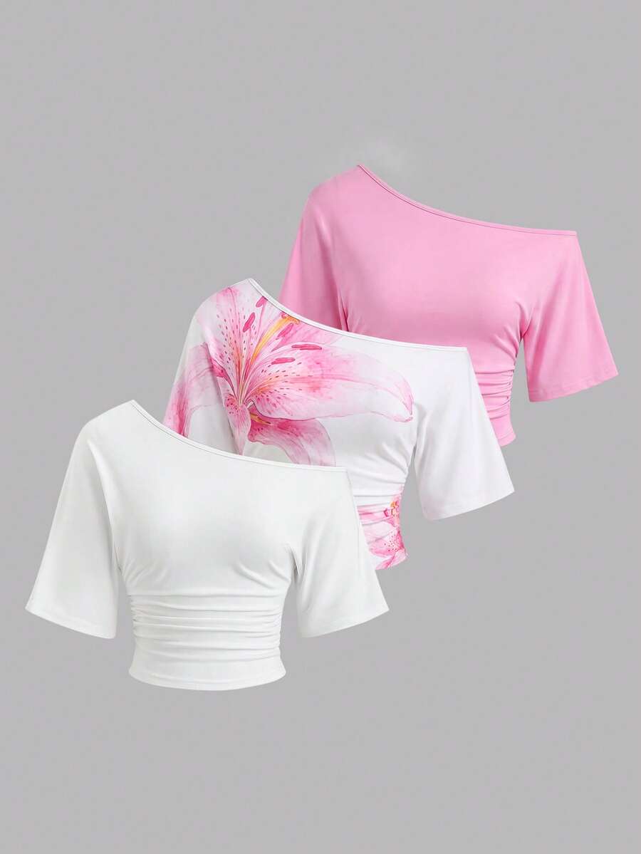 Sweetra Plus Size Women's Spring/Summer 3-Piece T-Shirt Set, Asymmetrical Shoulder Short Sleeve Asymmetrical Ruched Pleated Elegant Vintage Cute Vacation Casual Loungewear - Multicolor - View 1