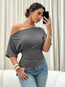 Elenzga Plus Size Women Spring/Summer Asymmetric Collar Sleeveless Casual T-Shirt Top - Grey - View 5