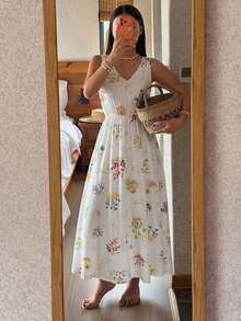 DAZY Floral Print V-Neck Waist-Cinching Long Dress, Summer Outfit Women's Nightgown - White - View 5