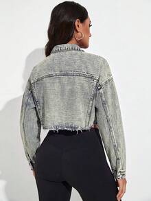 SHEIN Essnce 休閒水洗短版牛仔夾克 - 中等水洗藍 - 查看 2
