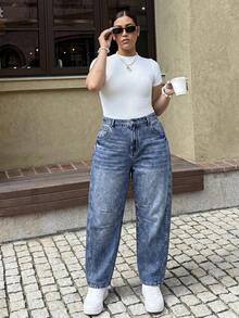 Flexra Quần Jeans Boyfriend Cỡ Lớn Có Nút Thắt Lưng Túi Ống Thẳng Thời Trang Thường Ngày Vừa Vặn Thoải Mái Đã Giặt - Rửa trung bình - Xem 1