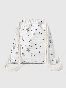 ROMWE Anime Mochila de cordón blanco de gran capacidad y multifuncional con estampado de estrellas kawaii, estilo de animación lindo, adecuada para la escuela y el transporte - Blanco 1 - Ver 4