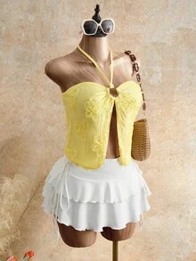 Allurite Women's Summer Beach Vacation Style Jacquard Knotted Halter Top - Light Yellow - View 8