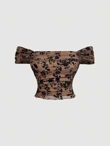SHEIN MOD Plus Size Autumn/Winter Flocked Print Short Top, Vintage Court Style, Retro Casual Daily Wear, Holiday - Coffee Brown - View 3