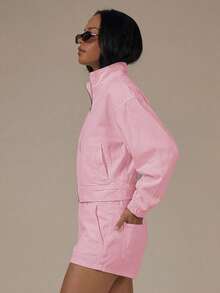 MUSERA Denim High Neck Balloon Sleeve Zip Through Jacket Spring Summer Cute Cosy Cottage Core Spring Dew - Pink - View 4