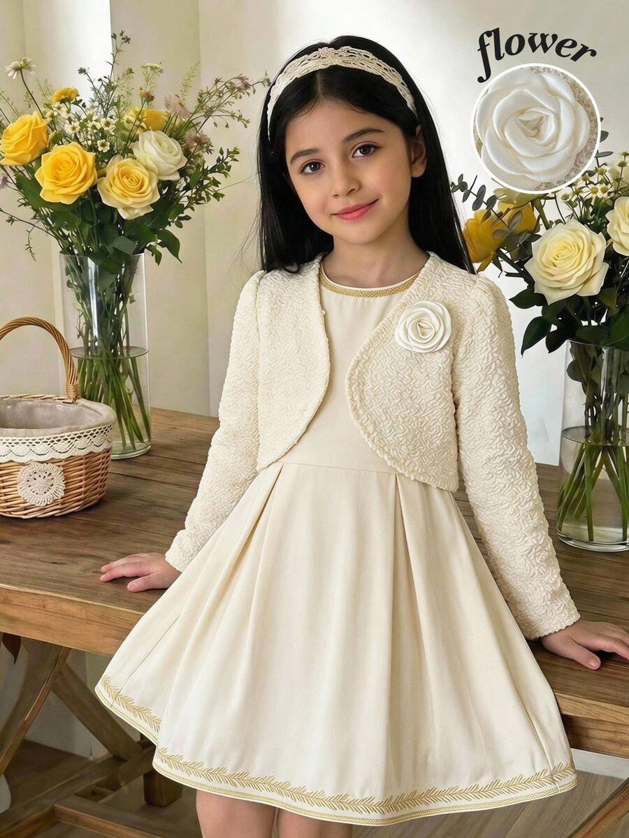 LMoss Kids Young Girl LMoss 女童純色 3D 花朵短版休閒針織秋季開襟衫 - 彩色 - 查看 1