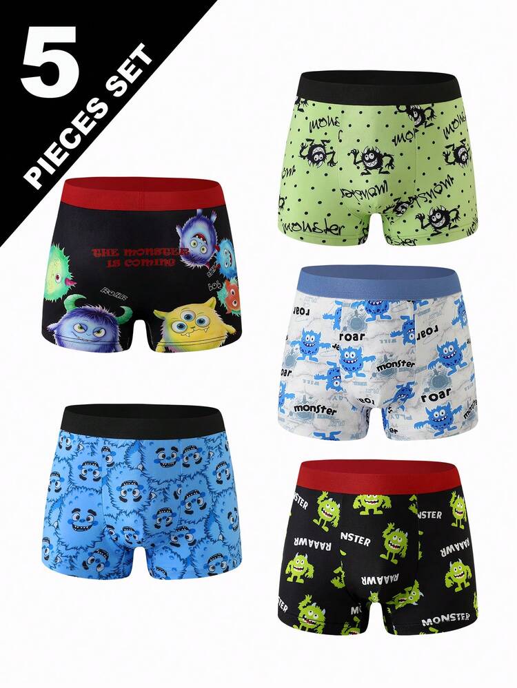 5pcs Boys Cartoon Monster Print Boxer Briefs, Cool Graphic Comfortable Underwear - Multicolor - View 1