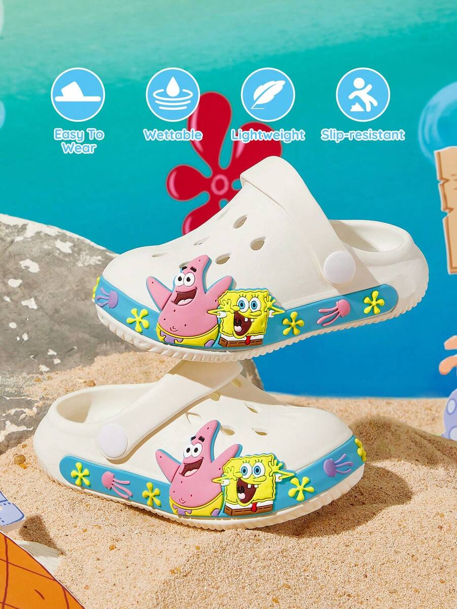 SpongeBob SquarePants | SHEIN 可愛卡通兒童園藝拖鞋,透氣快乾,輕量耐用 EVA 材質,適合室內外場地 - 白色 - 查看 1