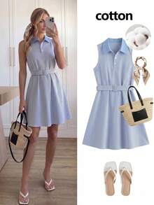 Easowa Women's Blue And White Stripe Shirt Collar Casual Preppy Elegant Basic Sexy Coastal Chic Sleeveless Mini Dress Cotton Summer Brunch School Holiday - Blue and White - View 3