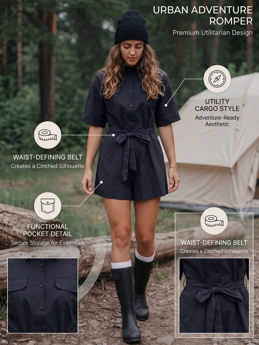 Exploreva Exploreva Women's Casual Solid Color Belted Outdoor Going Out Vacation Romper Camping Outfit Black Summer,Climb Outfit - Black - View 1