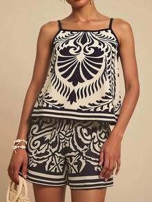 SHEIN PETITE CURVE Plus Size Women's Black White Print 2-Piece Casual Set, Beige, Summer, Boho, Vacation, Holiday, Beach Vacation, Beach Vacation Outfits, Bohemian Style - Black - View 9