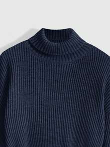 ROMWE Suéter básico casual de cuello medio y manga larga - Azul Marino - Ver 3