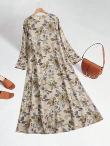 Al Najma Floral Pattern Round Neck Long Sleeve Elegant Arabian Dress - Blue - View 2