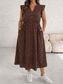 Shapeblank Brown Polka Dot Plus Size Women's Notch V-Neck Flutter Sleeve Elegant Dress - Multicolor - View 3