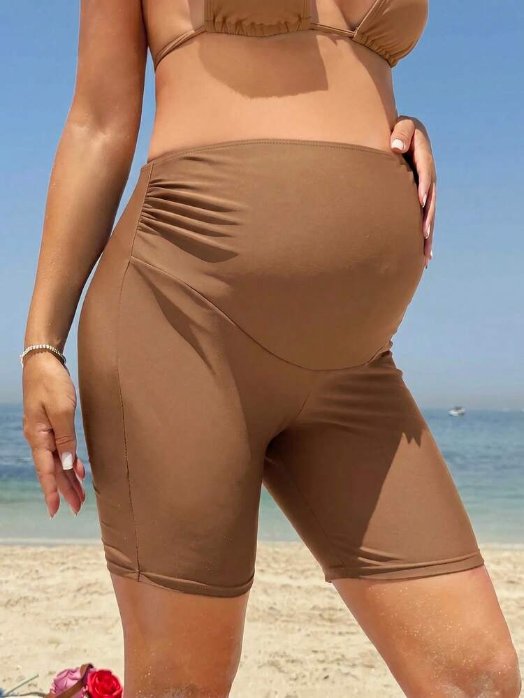 Swim Vcay Maternity Solid Color Casual Daily Shorts Swimwear Bottoms Suitable For Summer Vacation Beach - Brown - View 7