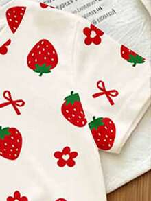 Souflis Souflis (3 piezas aleatorias, se envía 1 pieza) Camiseta corta básica para bebé niña con estampado de rayas de fresa, lazo y flores de arroz coloridas, uso diario para todas las estaciones - Multicolor - Ver 3