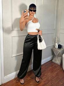 SHEIN SXY Streetwear Spring Festival Clothing Satin Work Pants Women Trousers With 3D Pockets - Black - View 4