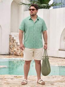 Mercer Haus Vintage Geometric Texture Digital Print Men's Plus Size Loose Fit Lightweight Polyester Button Pocket Short Sleeve Shirt - Green - View 4