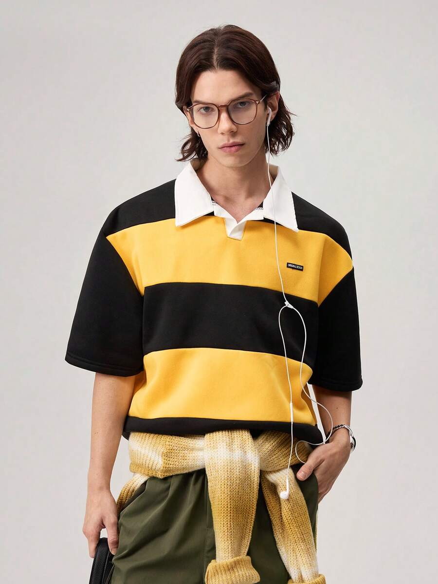 Vaulklash 男士休闲宽松短袖 Polo 衫,纯色撞色领拼接 - 黃色 - 查看 1