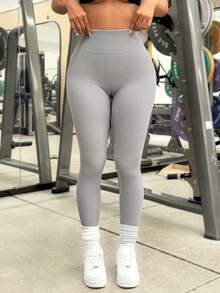 SHEIN Sports 女款純色高腰日常健身運動緊身褲 - 淺灰色 - 查看 3