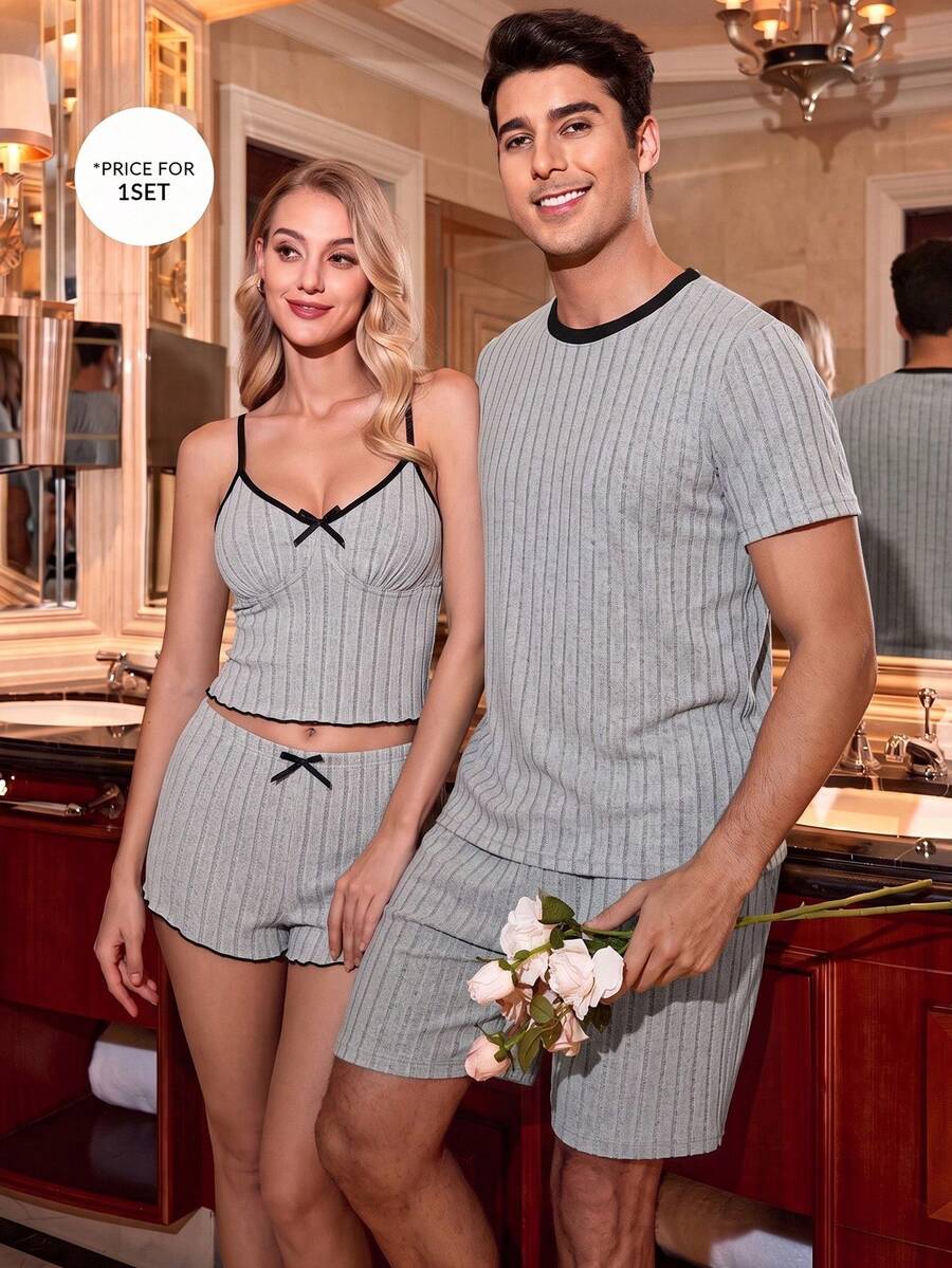 CoupledUp Men's Casual Knit Textured Colorblock Short Sleeve & Shorts Loungewear Set - Grey - View 1