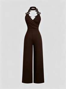 Elenzga Women's Dark Brown Halter Lace V-Neck Jumpsuit, Waist-Cinched Wide Leg Pants, Elegant Sexy Commute Evening Party Night Out Date Night Romper Summer - Brown - View 7