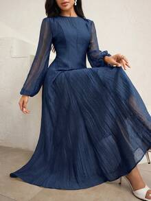 Veilorie 3/4 Sleeve High Neck Ruched Waist Elegant Versatile Dress - Navy Blue - View 9