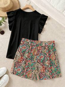 EMERY ROSE Conjunto de 2 piezas con top de volantes de unicolor elegante y shorts estampados - Multicolor - Ver 3