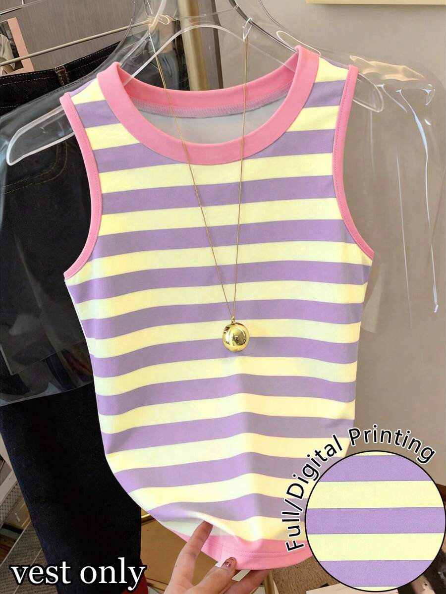 Resyla Summer Casual Striped Round Neck Tank Top - Multicolor - View 1
