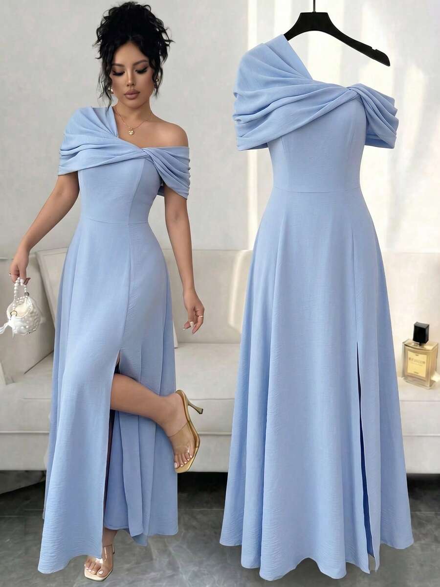 SHEIN Elenzya 不對稱領口抓皺腰身A字版型優雅浪漫女款洋裝 - 霧霾藍 - 查看 1