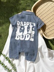 SHEIN Vintaside Kids 男嬰夏季卡通文字短袖連身衣連身褲 - 藍白色 - 查看 4