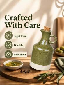 Cirelle 1pc Ceramic Olive Oil Dispenser Bottle With Handle & Cork Stopper, Handcrafted Pottery Oil & Vinegar Cruet, Two-Tone Glazed Liquid Dispenser Container For Kitchen Counter Decor (Green / Cream White) - View 6