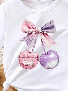 Conjunto básico de camiseta corta y pantalones cortos para bebé niña con lazo rosa y estampado patchwork de cerezas, estilo minimalista fresco - Multicolor - Ver 6