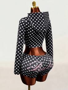Mistrie Polka Dot Print Cropped Hoodie & Shorts 2 Pieces Set - Multicolor - View 2