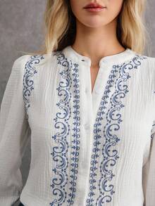 Poéselle Women Elegant Floral Print Puff Sleeve Single Breasted Blouse, Boho Vintage White And Blue Floral Long Style Women's Autumn Western Tops Shirts - White - View 2