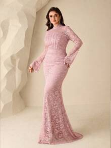 Coutiva Plus Size Women's Elegant Ruched Waist Stand Collar Evening Dress - Pink - View 6