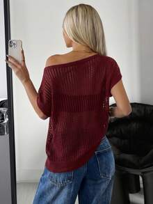 SHEIN EZwear 純色鏤空針織短袖毛衣 - 酒紅色 - 查看 2