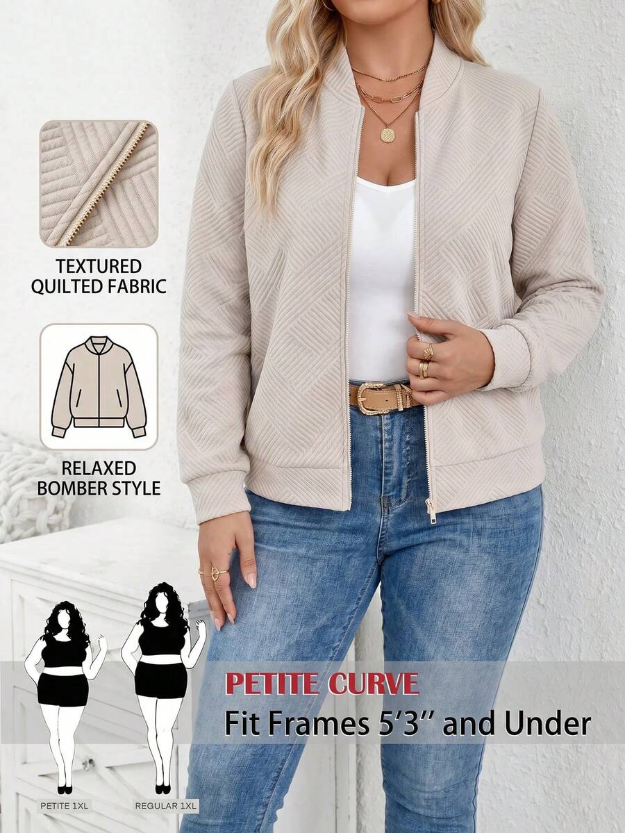SHEIN PETITE CURVE 大尺碼女款純色長袖前拉鍊休閒棒球夾克 - 卡其色 - 查看 1