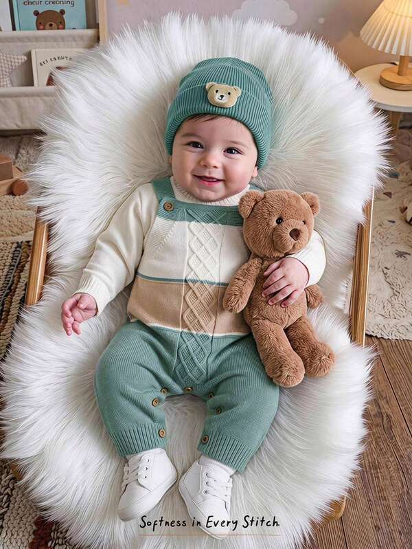 Cozy Pixies Baby Boy Colorblock Knit Soft Overalls Jumpsuit, Versatile And Comfortable