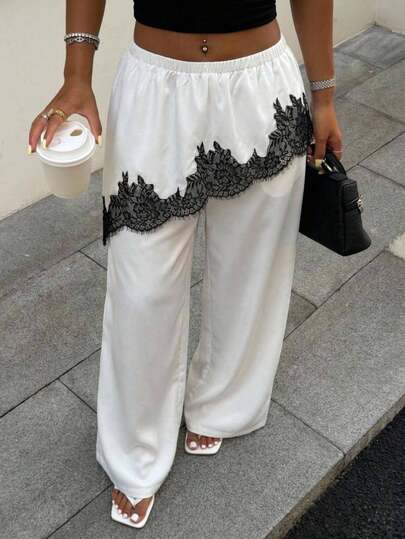 Aloruh Women's Elegant Color-Block Lace Patchwork Waist Asymmetrical Long Pants