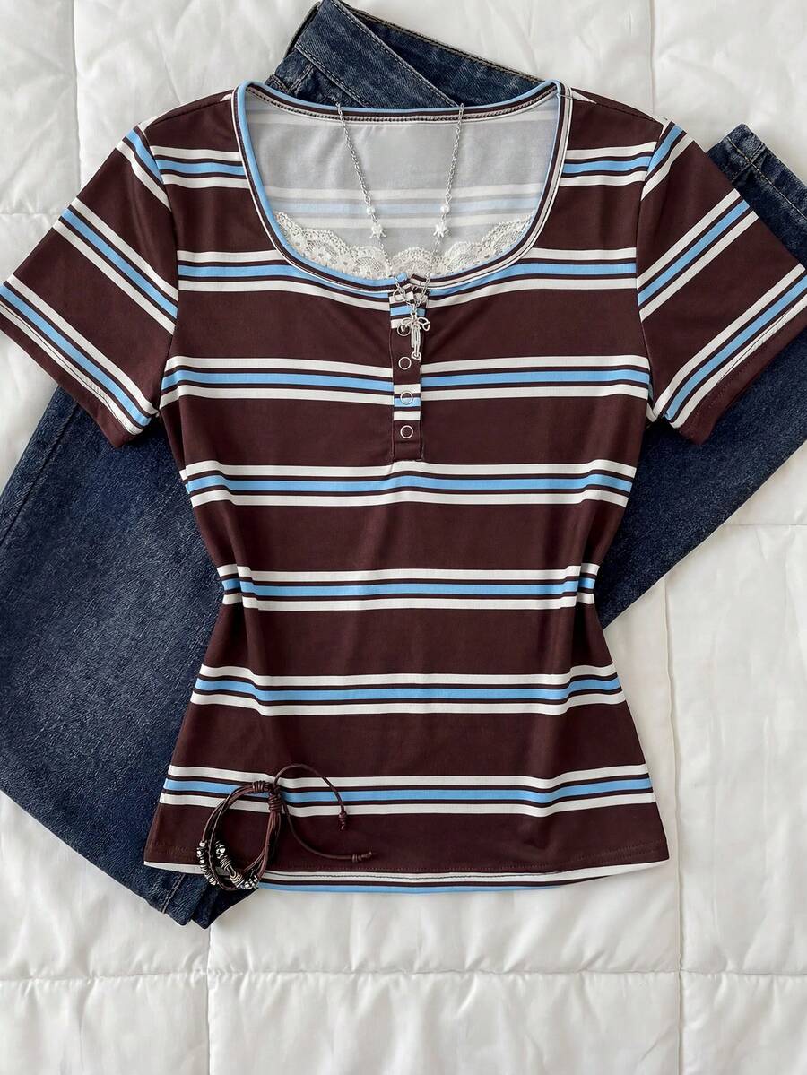青少年女孩 T-Shirt 酒紅色短袖 T-Shirt,Y2K 復古休閒女孩居家服 蕾絲飾邊修身海軍藍聚酯纖維短袖 T-Shirt,鏤空領口設計,胸前抓褶,適合日常穿著 - 彩色 - 查看 1