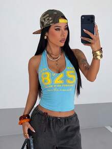 Fiercella Fiercella 女款春夏黃色V領數字學院風印花街頭休閒細肩帶背心，適合度假、音樂節、Y2K辣妹、2000年代風格 - 薄荷藍 - 查看 3