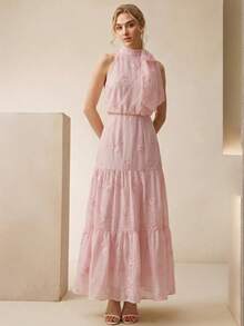 Anewsta 春夏優雅重工刺繡設計高端綁帶細節女款洋裝 - 粉色 - 查看 5