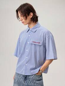 Vaulklash Men's Casual Striped Print Loose Fit Short Sleeve Shirt, Spring And Summer - Blue - View 4