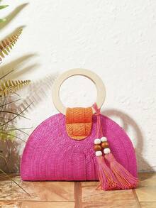 SHECARRY Ladies Round Wooden Arm Two-Color Straw Woven Handbag, Fashionable, Elegant, Simple ,  For Beach Holidays, Festivals, Summer Beach Party - Hot Pink - View 2