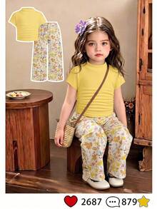 Young Girl Vintage Sweet Lemon Yellow, Pastoral Floral Style, Sister & Matching Outfit, 2pcs/Set: Ruched High Neck Fitted Top Paired With Wide Leg Pants - Multicolor - View 3