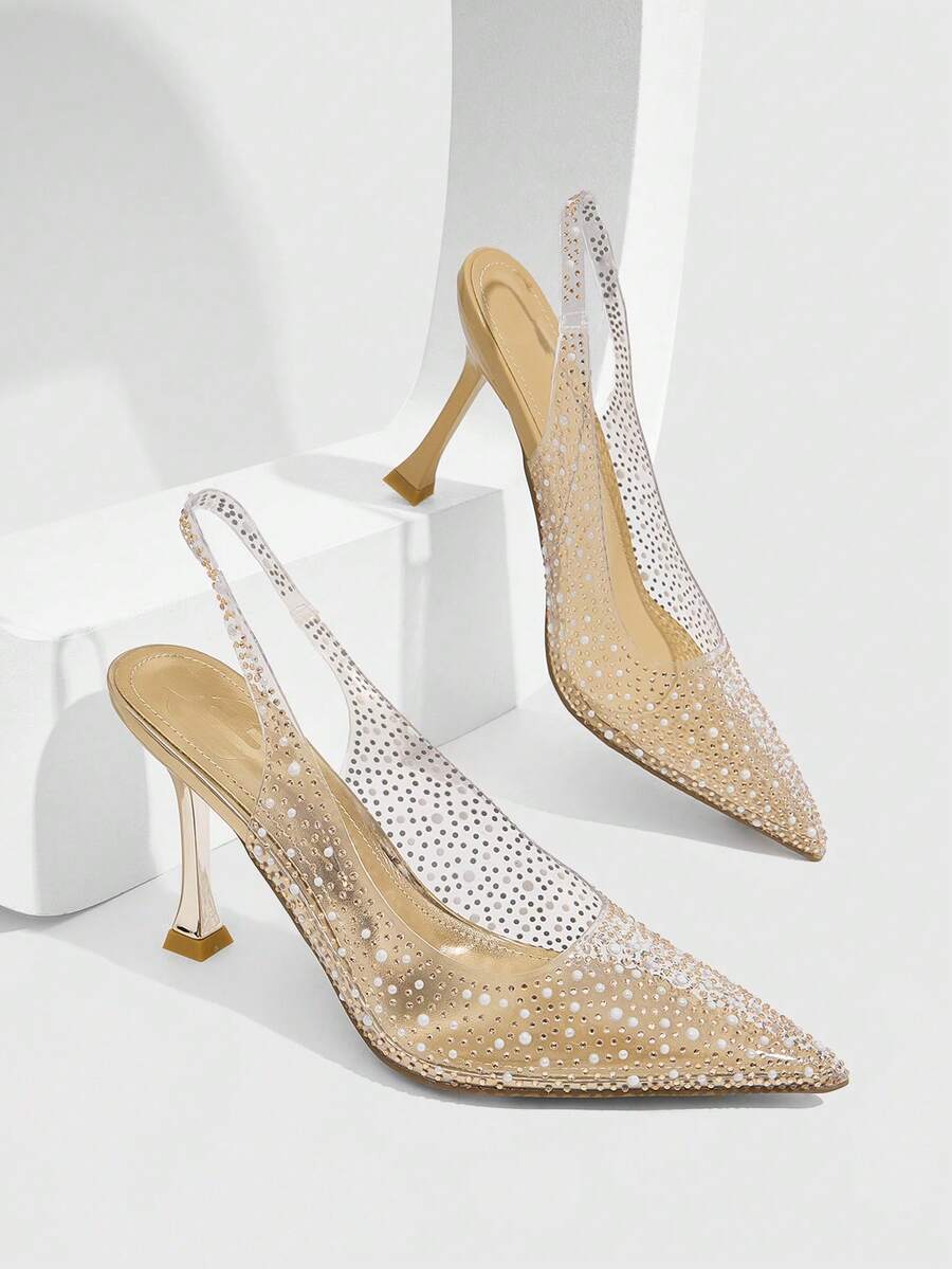CUCCOO SZL Ladies Pointed Back Empty Fashion Elegant Party Transparent TPU Fabric Contrasting Color Hot Pearl Rhinestone Rear Lift Strap High Heel Shoes - Gold plate - View 1