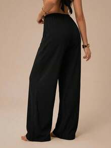 SHEIN PETITE CURVE Plus Size Women Solid Color Waist Tie Straight Leg Loose Fit Pants - Black - View 2